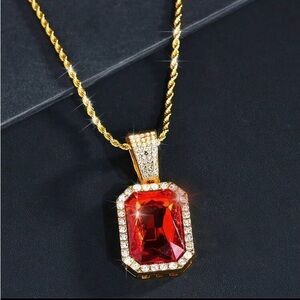1pc  Red Rhinestone Pendant Necklace for men’s with Zirconia Chain Iced Out